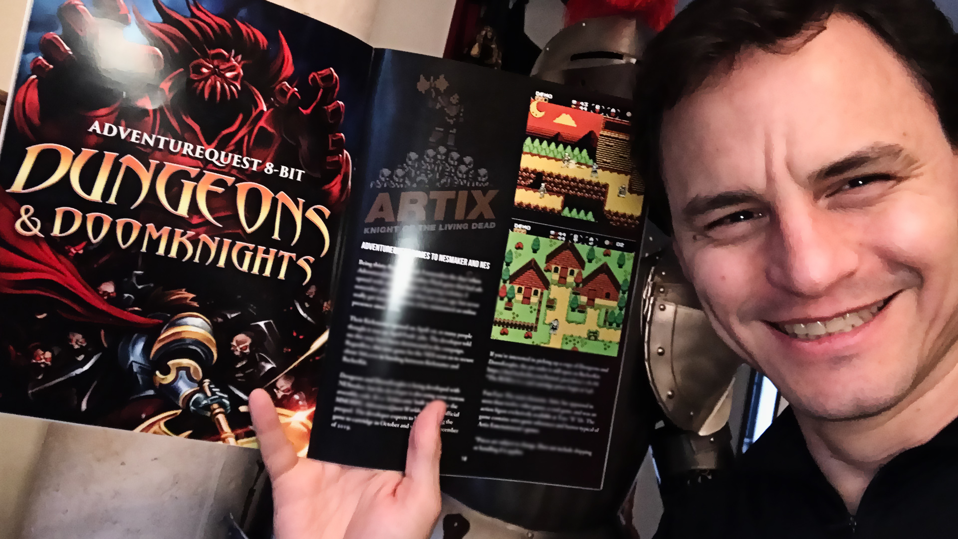 Artix holding Dev Cart issue #4 with Dungeons and DoomKnights